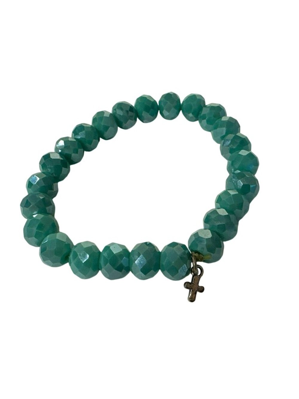 Faceted Green Beaded Bracelet Cross Charm Elastic Stretch Jewelry Sparkly